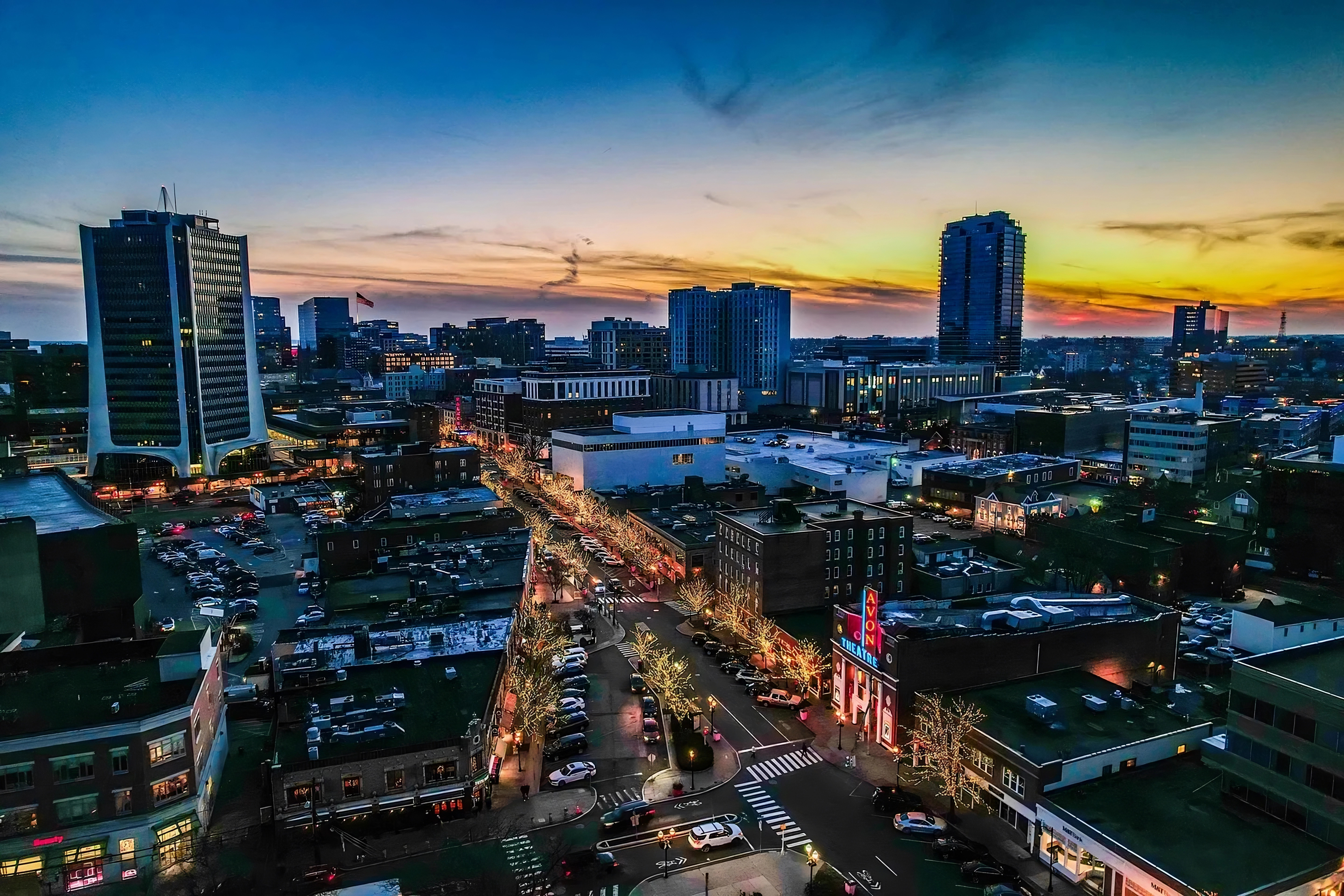 City skyline at sunset
